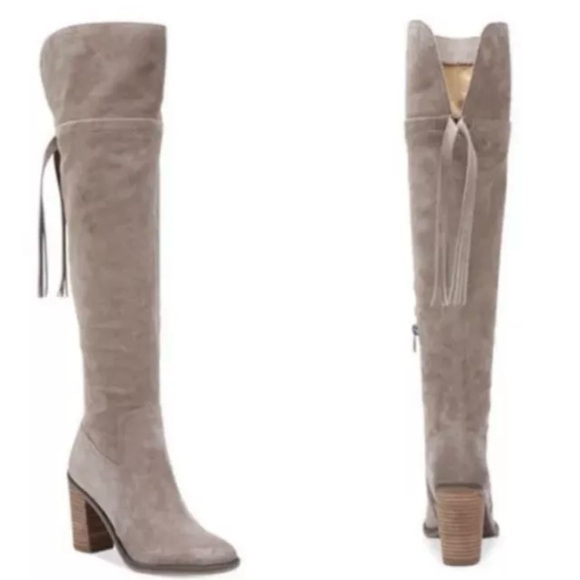 Franco Sarto Elly Over The Knee Boot Women's 9 Taupe Suede Wooden Heel Side Zip - Picture 4 of 7